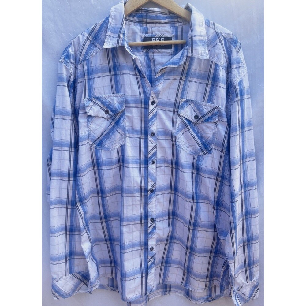 BKE Men’s XXL Western Pearl Snap Plaid Shirt Y2K Fit Blue White Athletic Fit